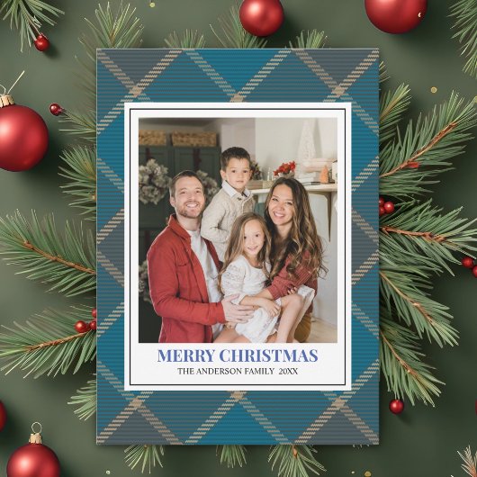 Blue Tartan Plaid with Christmas Family Photo シーズンカード
