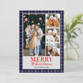 Blue Tartan Preppy Christmas Photo Collage Holiday 招待状 (スタンド正面)