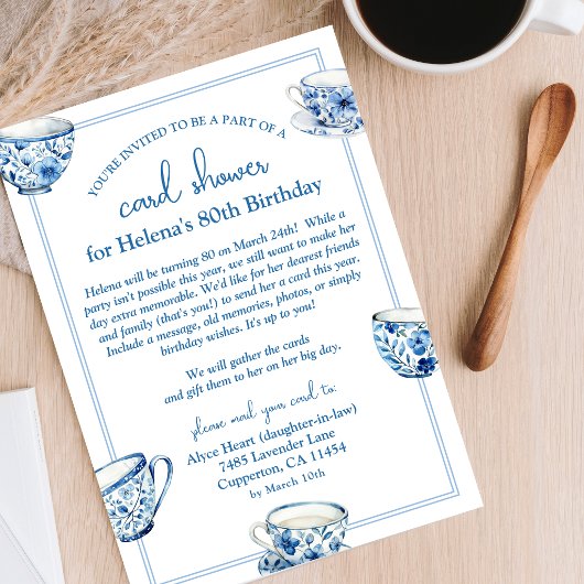 Blue Teacups 80th Birthday Card Shower by Mail 招待状