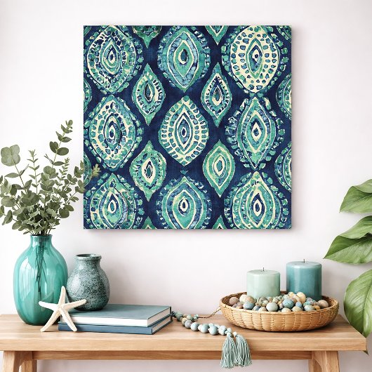 Blue Teal Boho Ikat Medallion Pattern Modern Coast ポスター