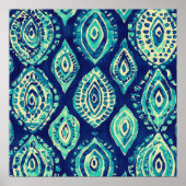 Blue Teal Boho Ikat Medallion Pattern Modern Coast ポスター (正面)