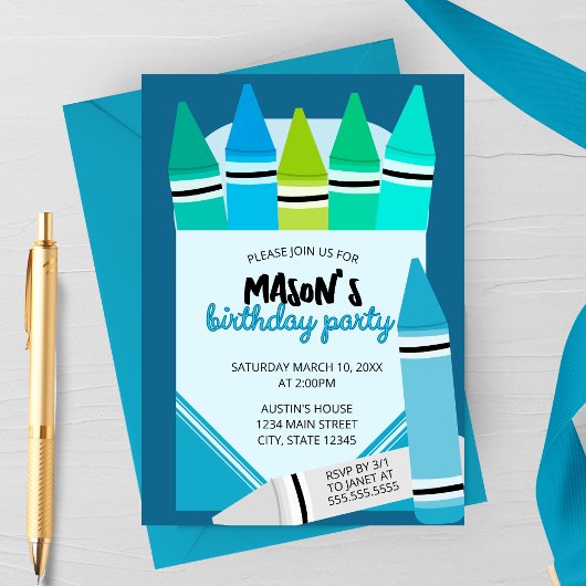 Blue & Teal Crayon Birthday Party Invitation 招待状