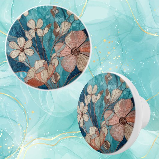 Blue Teal Cream Copper Floral セラミックノブ