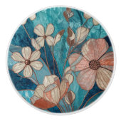 Blue Teal Cream Copper Floral セラミックノブ (正面)