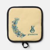 Blue Teal Floral Flourish Wreath 鍋敷き (正面)