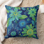 Blue Teal Lime Green Bohemian Floral クッション (ブランケット)