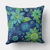 Blue Teal Lime Green Bohemian Floral クッション (裏面)