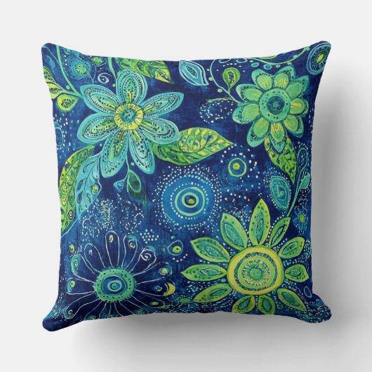 Blue Teal Lime Green Bohemian Floral クッション (裏面)