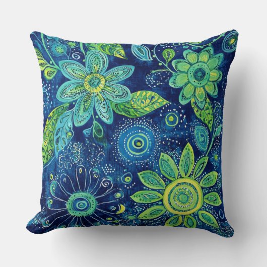 Blue Teal Lime Green Bohemian Floral クッション (正面)