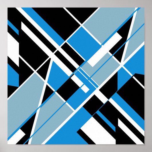 Blue Teal White Black Diagonal Crisscross Design ポスター (正面)
