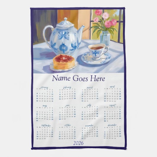 Blue Teapot & Pastry 2026 Calendar Tea Towel キッチンタオル (縦)