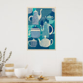 Blue Teapots Giclée Print Mid-Century Modern ポスター (キッチン)
