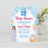Blue Teddy Bearその男の子の赤ちゃんシャワー 招待状 (スタンド正面)