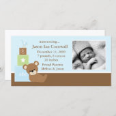 Blue Teddy Bearベビー写真誕生のお知らせ 案内状 (正面/裏面)