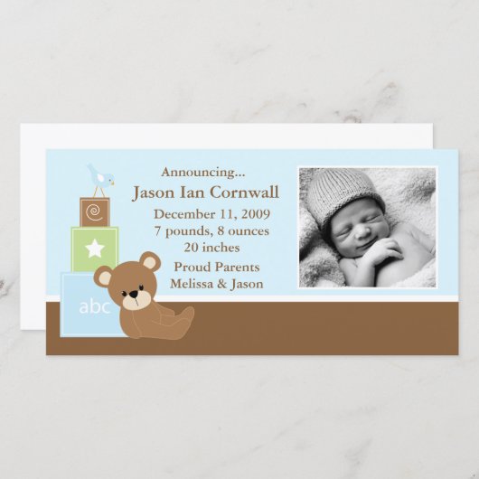 Blue Teddy Bearベビー写真誕生のお知らせ 案内状 (正面/裏面)