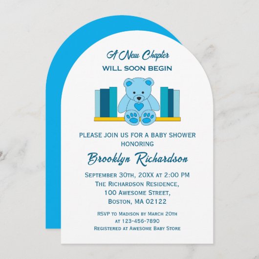 Blue Teddy Bear新しいチャプターStorybook Baby Shower 招待状 (正面/裏面)