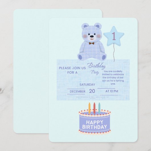 Blue Teddy Bear 1st Birthday Invitation - Customiz 招待状 (正面/裏面)
