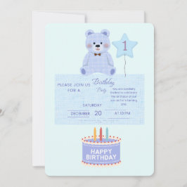 Blue Teddy Bear 1st Birthday Invitation - Customiz 招待状