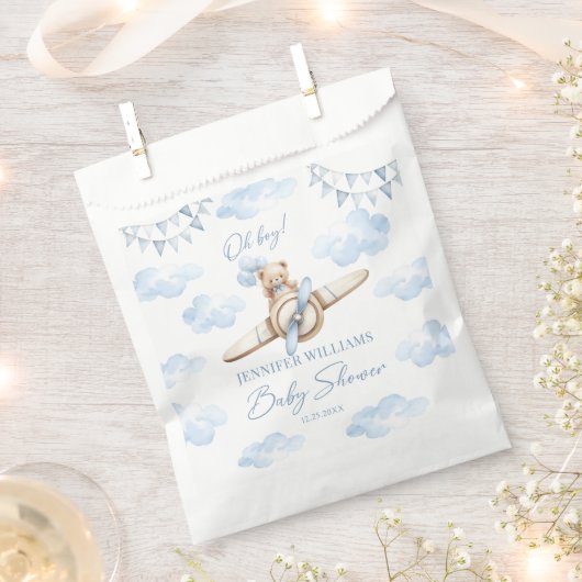 Blue Teddy Bear Airplane Baby Boy Shower Candy フェイバーバッグ (クリップ留めされた状態)