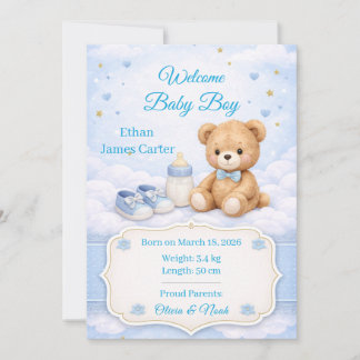 Blue Teddy Bear Baby Boy Birth Announcement Card 招待状
