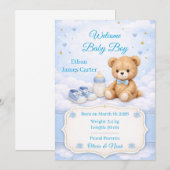 Blue Teddy Bear Baby Boy Birth Announcement Card 招待状 (正面/裏面)