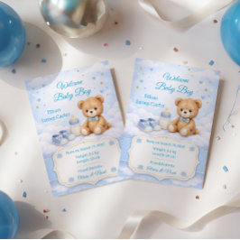 Blue Teddy Bear Baby Boy Birth Announcement Card 招待状