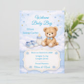 Blue Teddy Bear Baby Boy Birth Announcement Card 招待状 (スタンド正面)