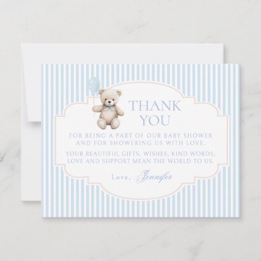 Blue Teddy Bear Baby Boy Shower Thank You Card (正面)