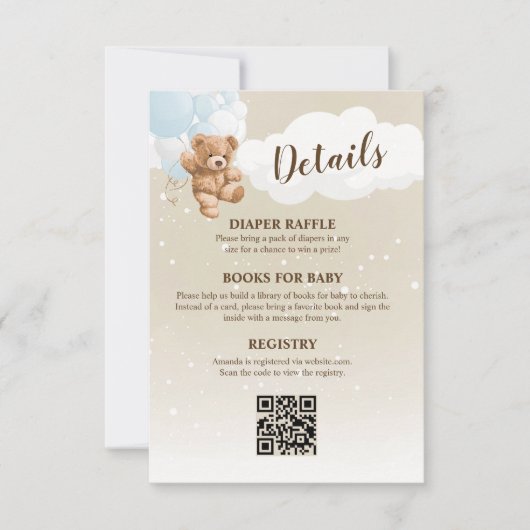 Blue Teddy Bear Baby Shower Details Enclosure Card 招待状 (正面)