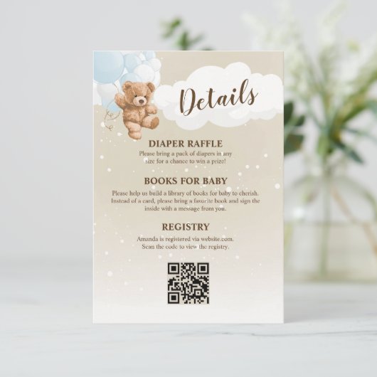 Blue Teddy Bear Baby Shower Details Enclosure Card 招待状 (スタンド正面)