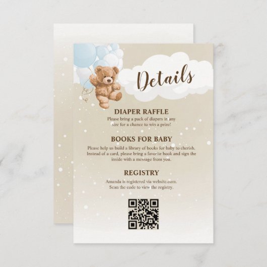 Blue Teddy Bear Baby Shower Details Enclosure Card 招待状 (正面/裏面)