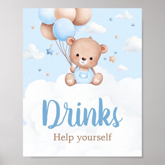 Blue Teddy Bear Baby Shower Drinks Sign ポスター (正面)