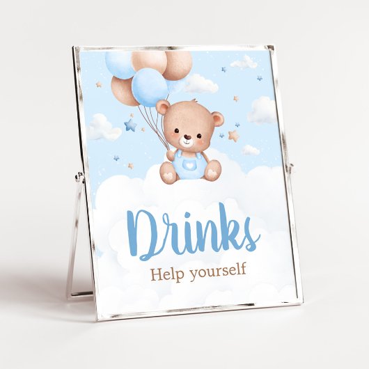 Blue Teddy Bear Baby Shower Drinks Sign ポスター