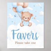 Blue Teddy Bear Baby Shower Favors Sign ポスター (正面)