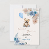 Blue Teddy Bear Baby Shower Florals Pampas Grass サンキューカード (正面)