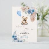 Blue Teddy Bear Baby Shower Florals Pampas Grass サンキューカード (スタンド正面)