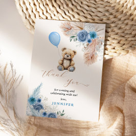 Blue Teddy Bear Baby Shower Florals Pampas Grass サンキューカード
