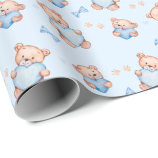 Blue Teddy Bear Baby Shower Giftwrapping Paper ラッピングペーパー