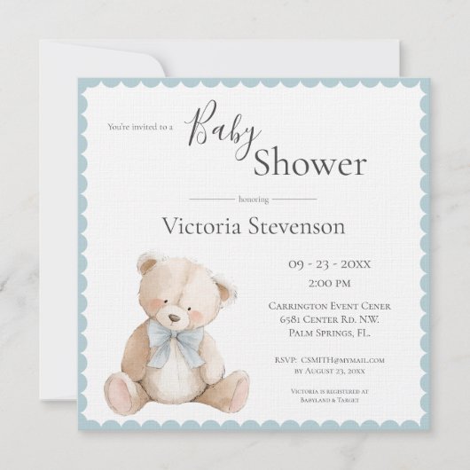 Blue Teddy Bear Baby Shower Invitation (正面)