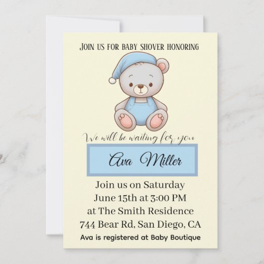 Blue Teddy Bear Baby Shower Invitation | 招待状 (正面)