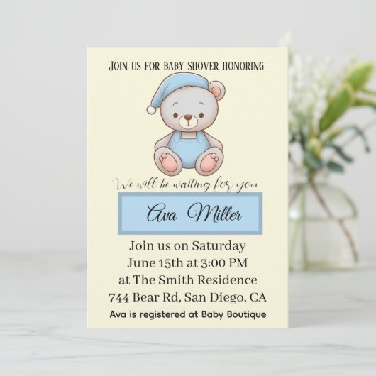 Blue Teddy Bear Baby Shower Invitation | 招待状 (スタンド正面)