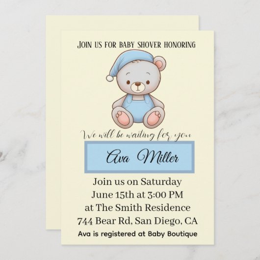 Blue Teddy Bear Baby Shower Invitation | 招待状 (正面/裏面)