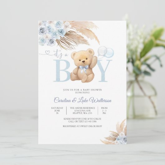 Blue Teddy Bear Baby Shower Invitation 招待状 (スタンド正面)
