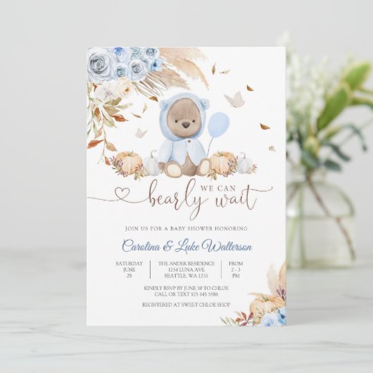 Blue Teddy Bear Baby Shower Invitation 招待状 (スタンド正面)