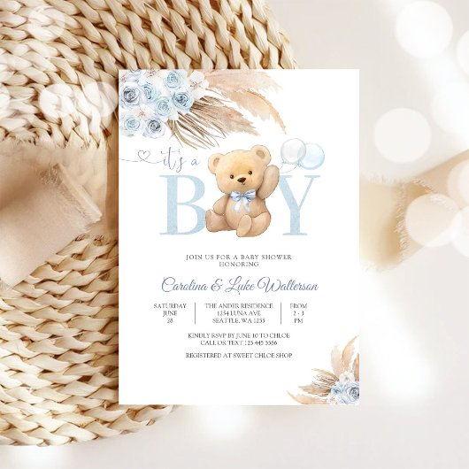 Blue Teddy Bear Baby Shower Invitation 招待状