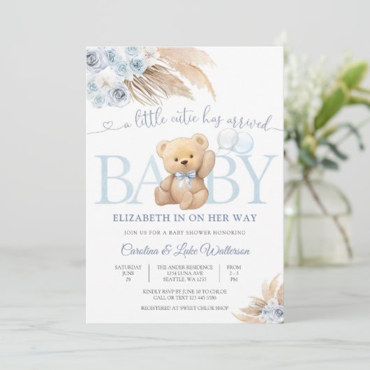 Blue Teddy Bear Baby Shower Invitation 招待状 (スタンド正面)