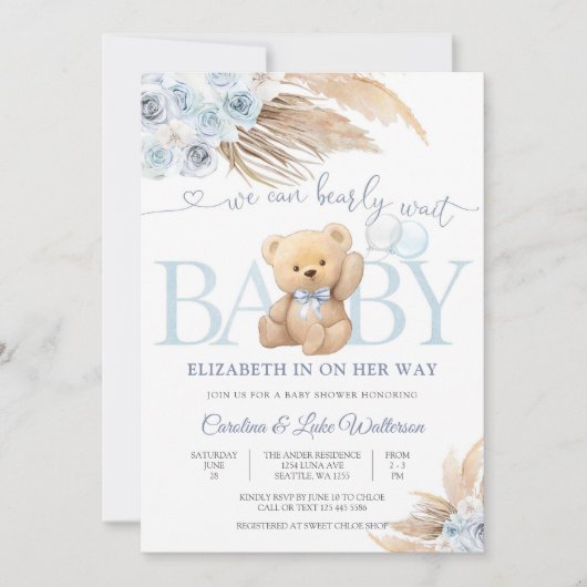 Blue Teddy Bear Baby Shower Invitation 招待状 (正面)