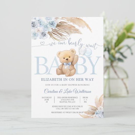 Blue Teddy Bear Baby Shower Invitation 招待状 (スタンド正面)