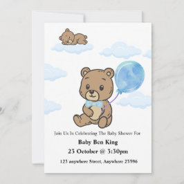 Blue Teddy Bear Baby Shower Invitation  招待状