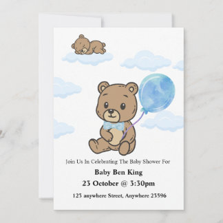 Blue Teddy Bear Baby Shower Invitation  招待状